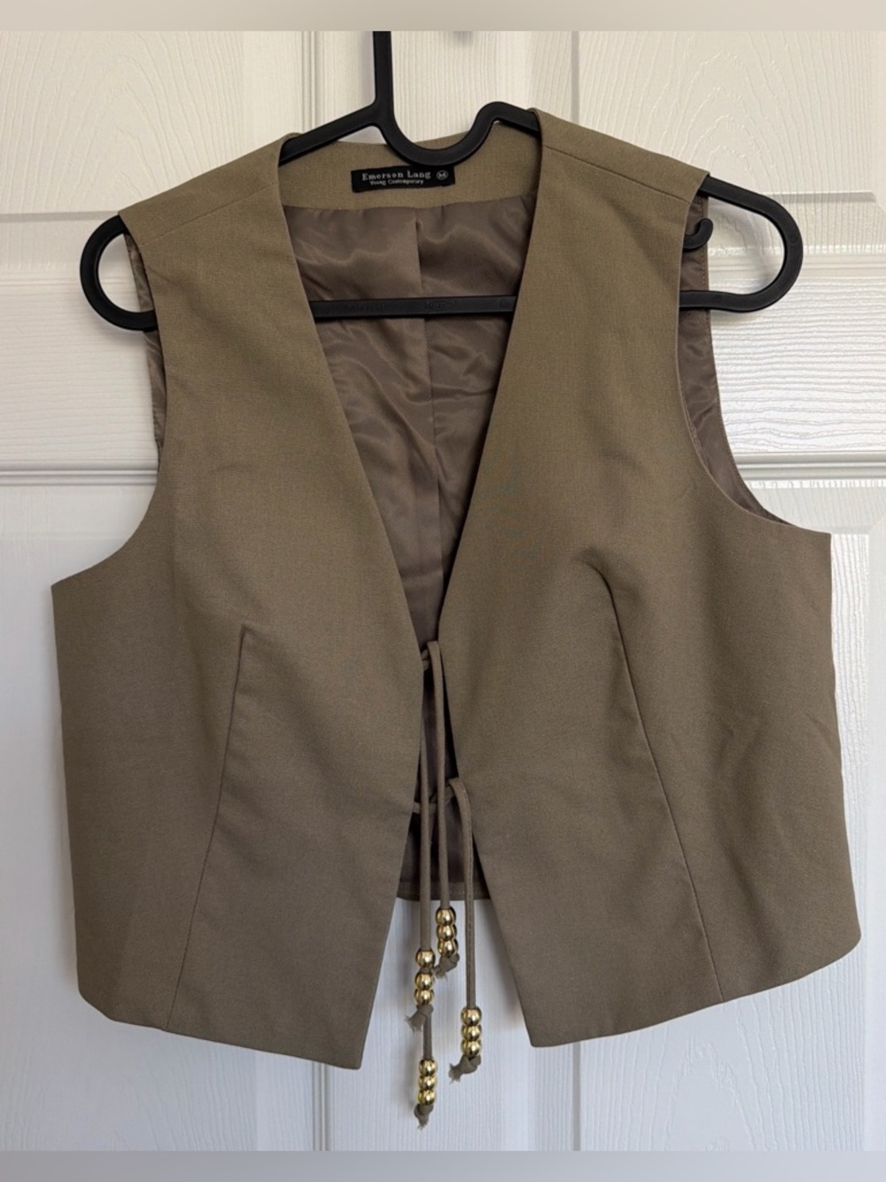 Women's Olive Green/dark green Linen Blend Tie Sleeveless Vest